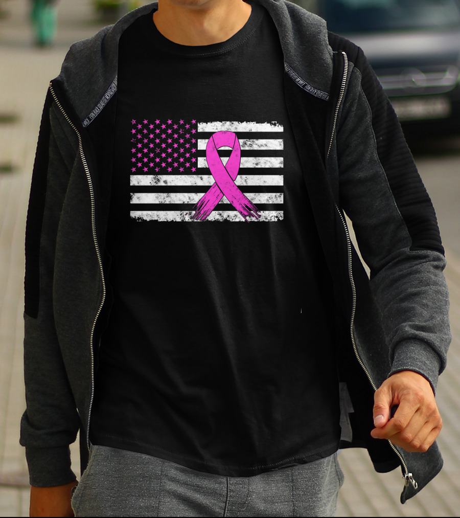 Distressed Pink Ribbon Breast Cancer Awareness American Flag T-Shirt
