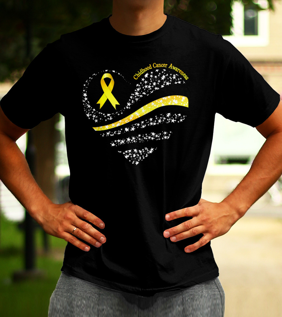 Childhood Cancer Awareness Heart Gold Ribbon American Flag T-Shirt