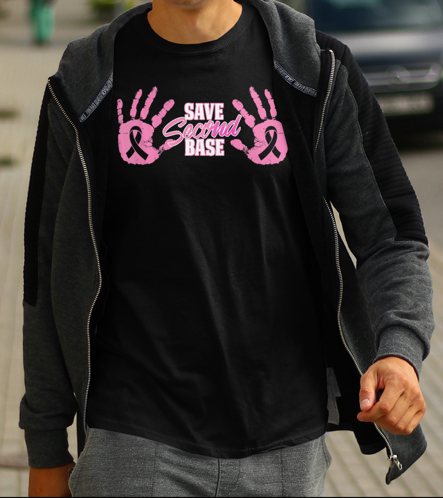 Save Second Base Pink Handprints Breast Cancer Awareness October Warrior T-Shirt