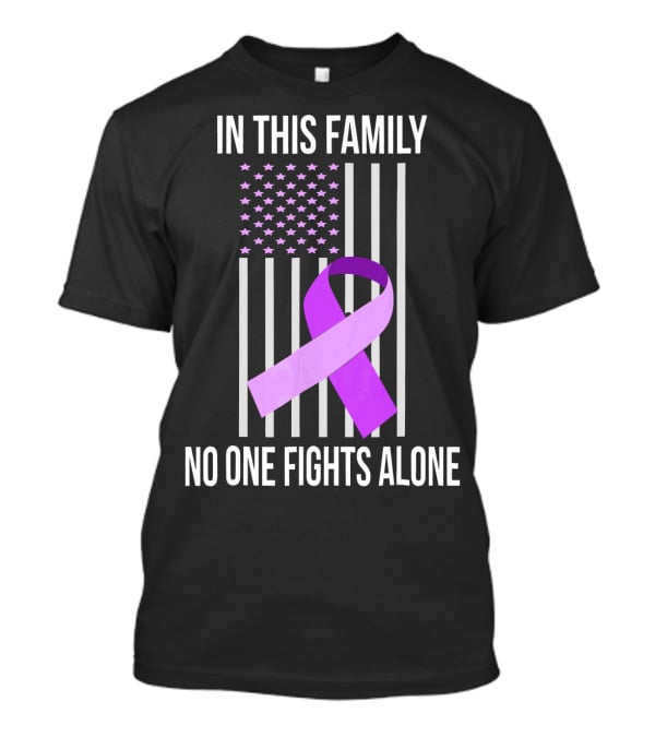 In This Family No One Fights Alone USA Flag Purple Ribbon Pancreatic Cancer T-Shirt