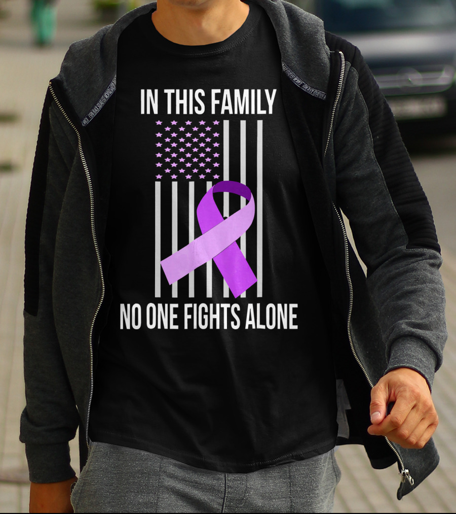 In This Family No One Fights Alone USA Flag Purple Ribbon Pancreatic Cancer T-Shirt
