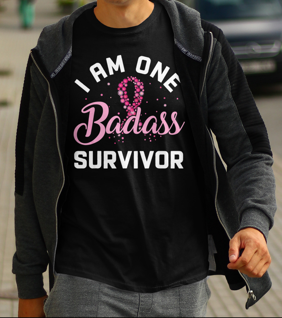 I Am One Badass Survivor Breast Cancer Ribbon Floral T-Shirt