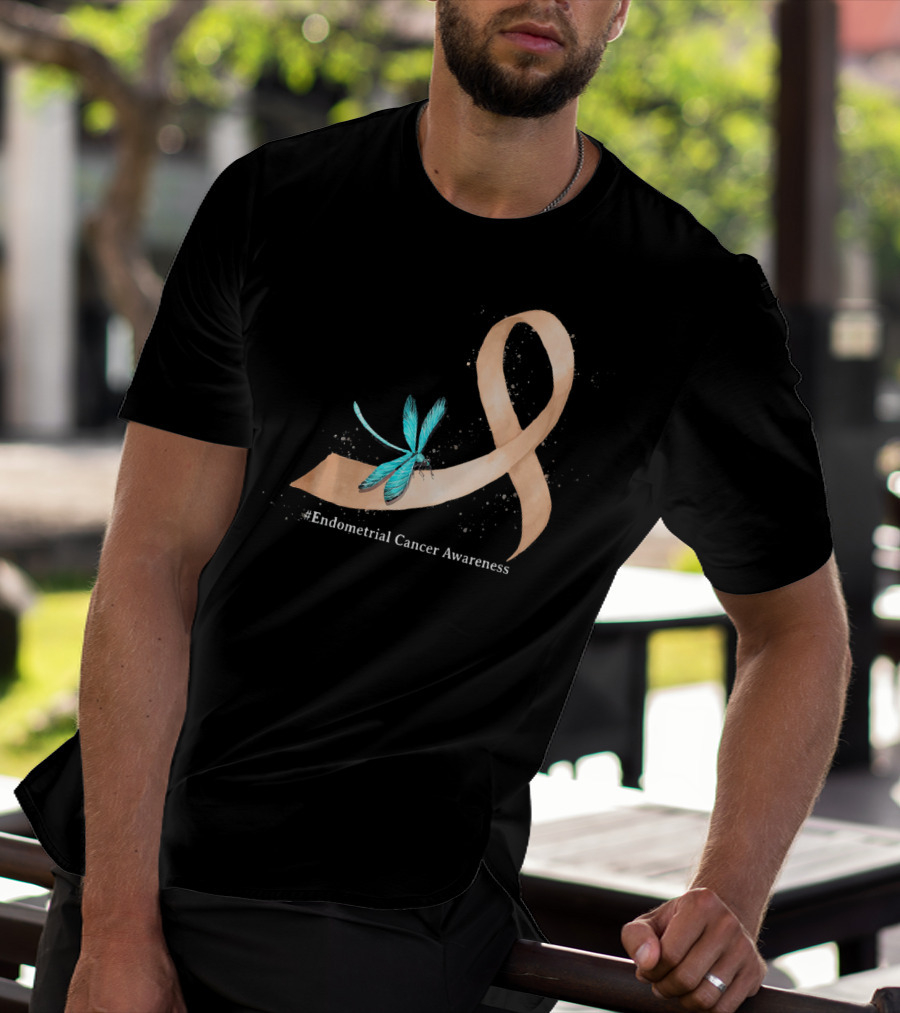 Hippie Dragonfly Peach Ribbon #Endometrial Cancer Awareness T-Shirt