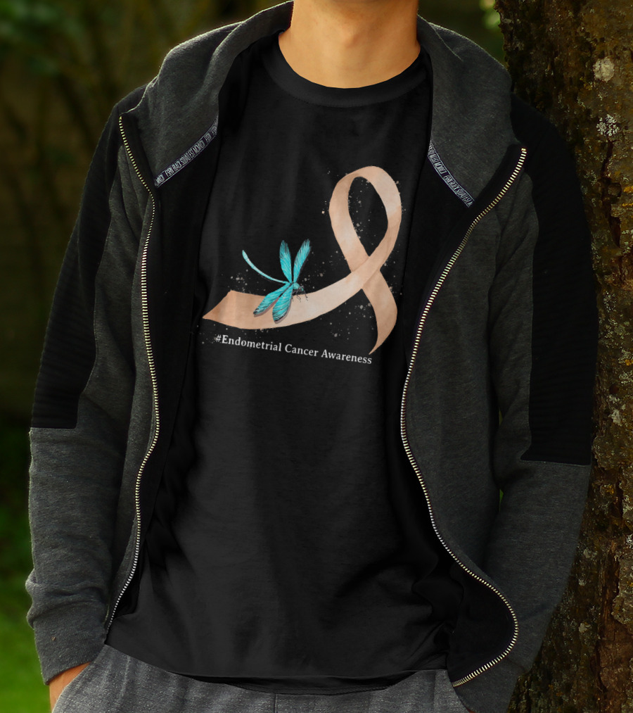 Hippie Dragonfly Peach Ribbon #Endometrial Cancer Awareness T-Shirt