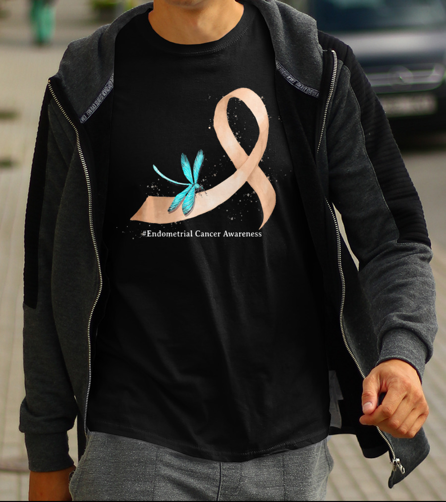 Hippie Dragonfly Peach Ribbon #Endometrial Cancer Awareness T-Shirt
