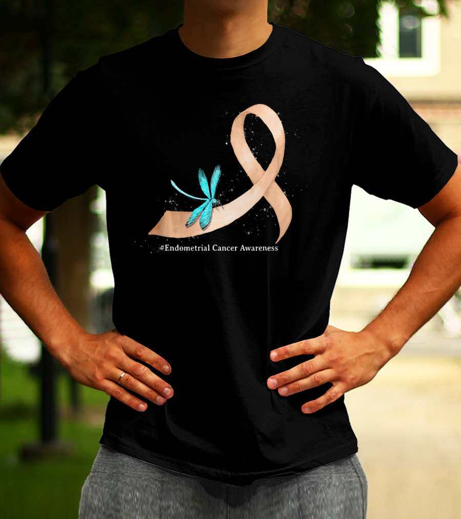 Hippie Dragonfly Peach Ribbon #Endometrial Cancer Awareness T-Shirt