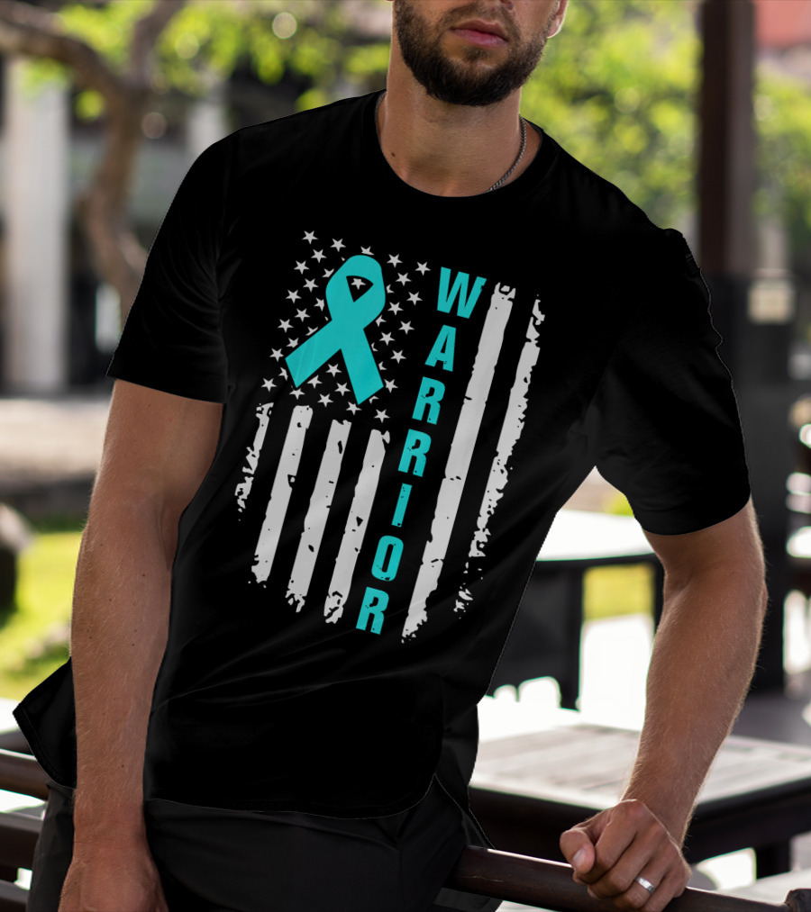 Warrior Teal Ribbon American Flag Ovarian Cancer T-Shirt