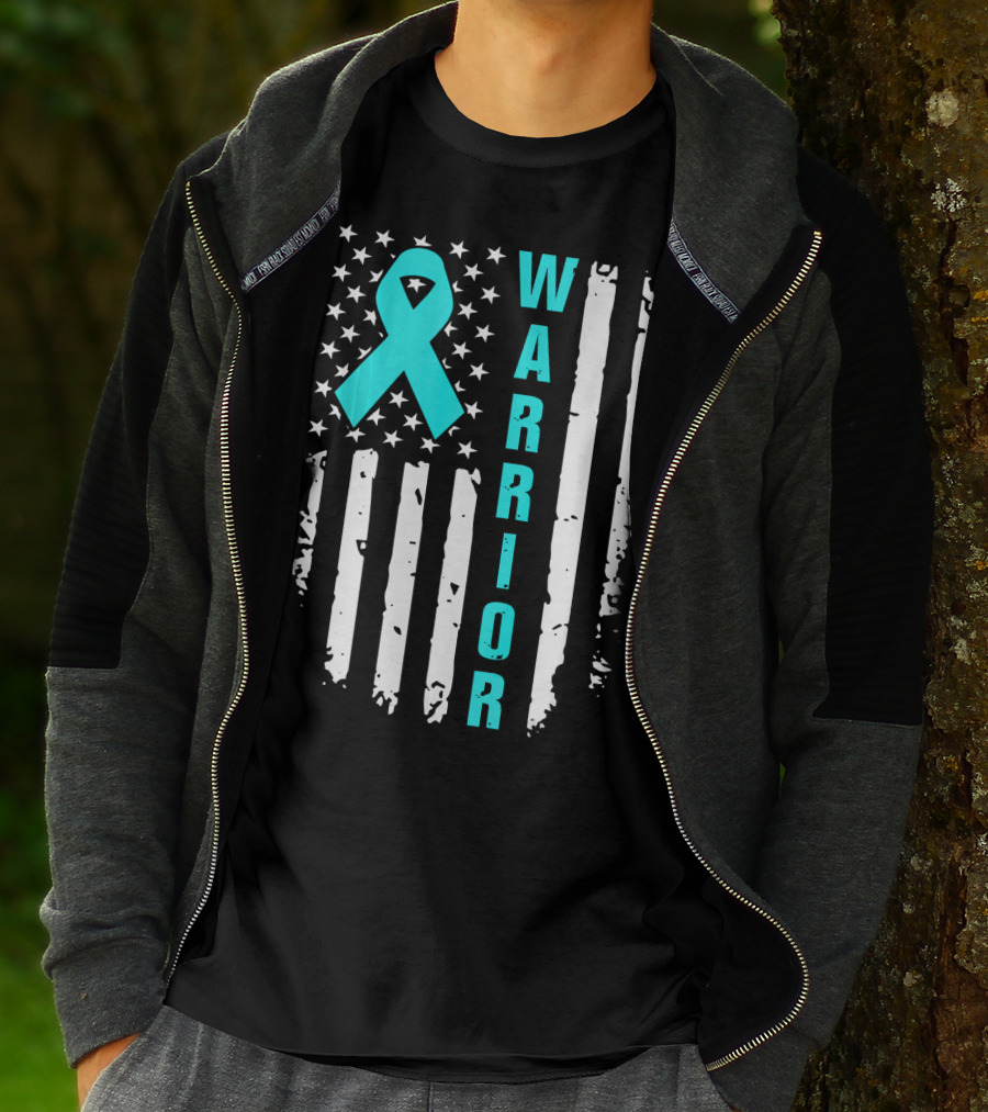 Warrior Teal Ribbon American Flag Ovarian Cancer T-Shirt