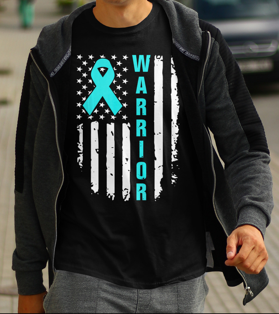 Warrior Teal Ribbon American Flag Ovarian Cancer T-Shirt