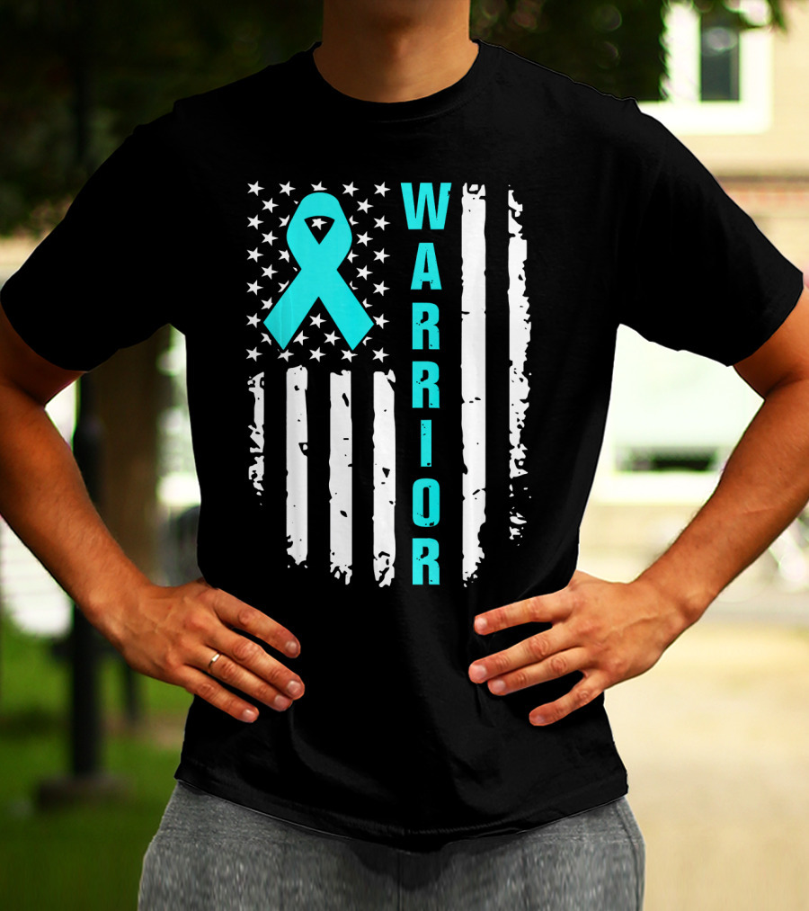 Warrior Teal Ribbon American Flag Ovarian Cancer T-Shirt
