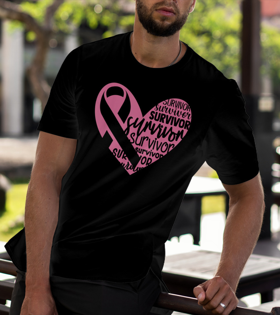 Survivor Pink Ribbon Heart Breast Cancer Pin T-Shirt