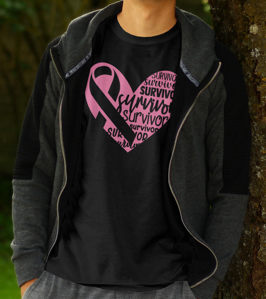 Survivor Pink Ribbon Heart Breast Cancer Pin T-Shirt