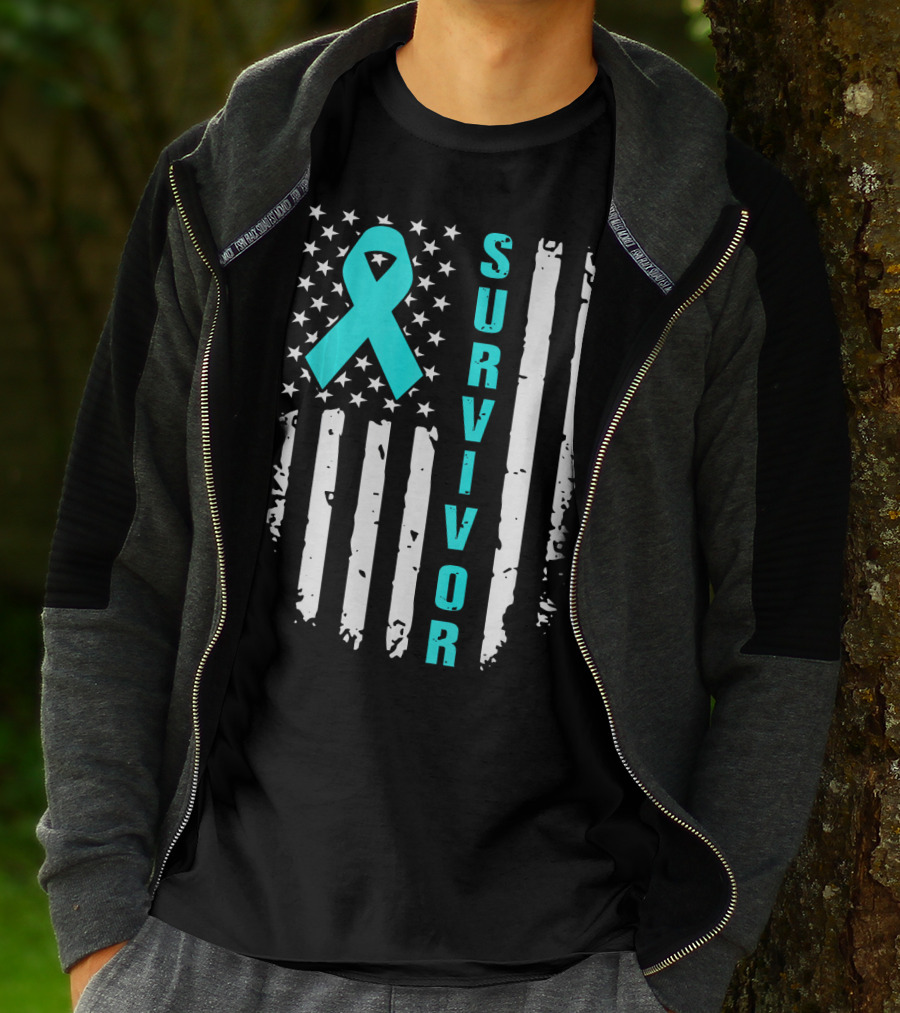 Survivor Ovarian Cancer Awareness American Flag T-Shirt