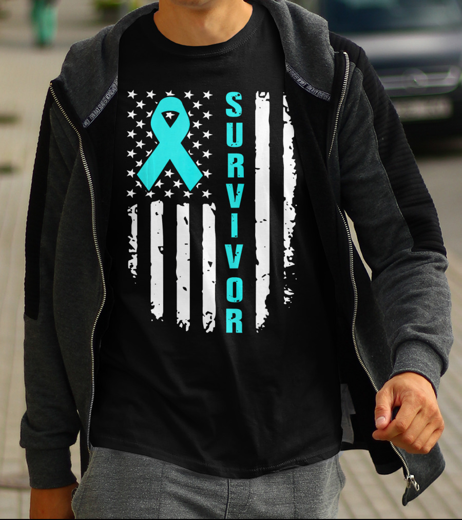 Survivor Ovarian Cancer Awareness American Flag T-Shirt