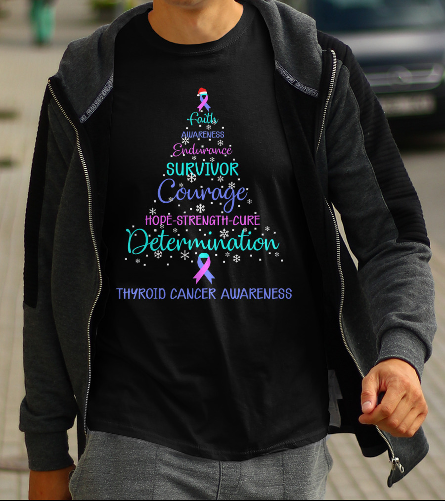 Faith Courage Determination Thyroid Cancer Awareness Xmas Tree Survivor T-Shirt