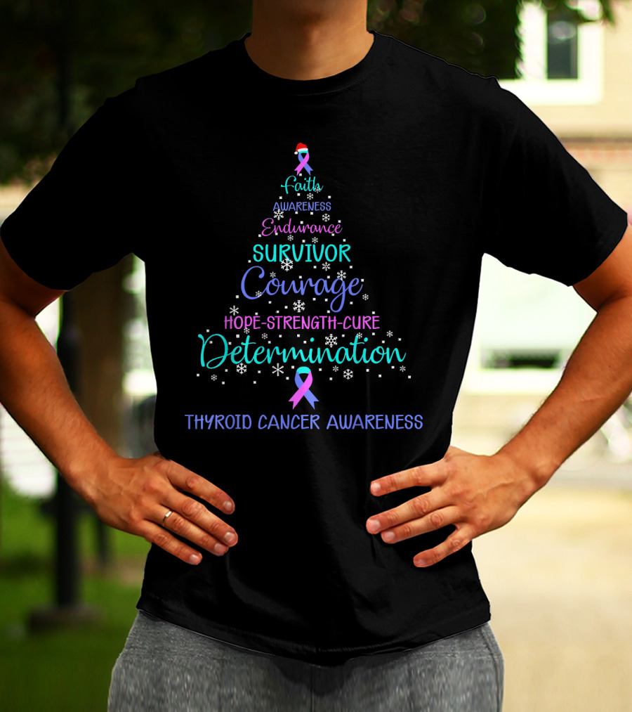 Faith Courage Determination Thyroid Cancer Awareness Xmas Tree Survivor T-Shirt