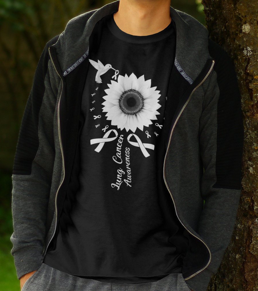 Lung Cancer Awareness Hummingbird Sunflower White T-Shirt