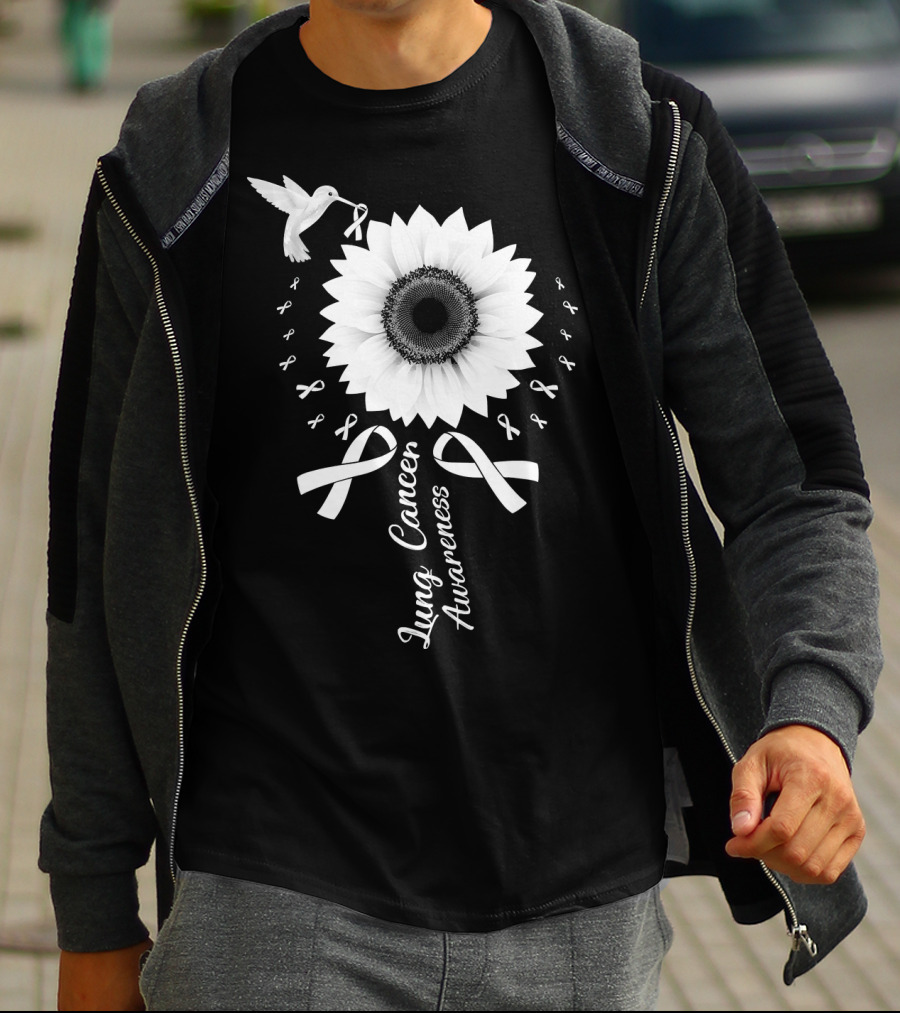 Lung Cancer Awareness Hummingbird Sunflower White T-Shirt