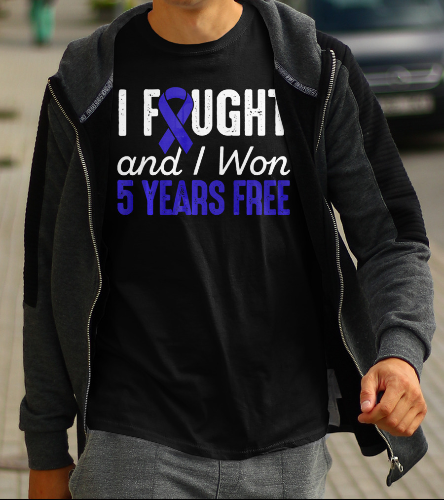 I Fought And I Won 5 Years Free Colon Cancerversary Blue T-Shirt