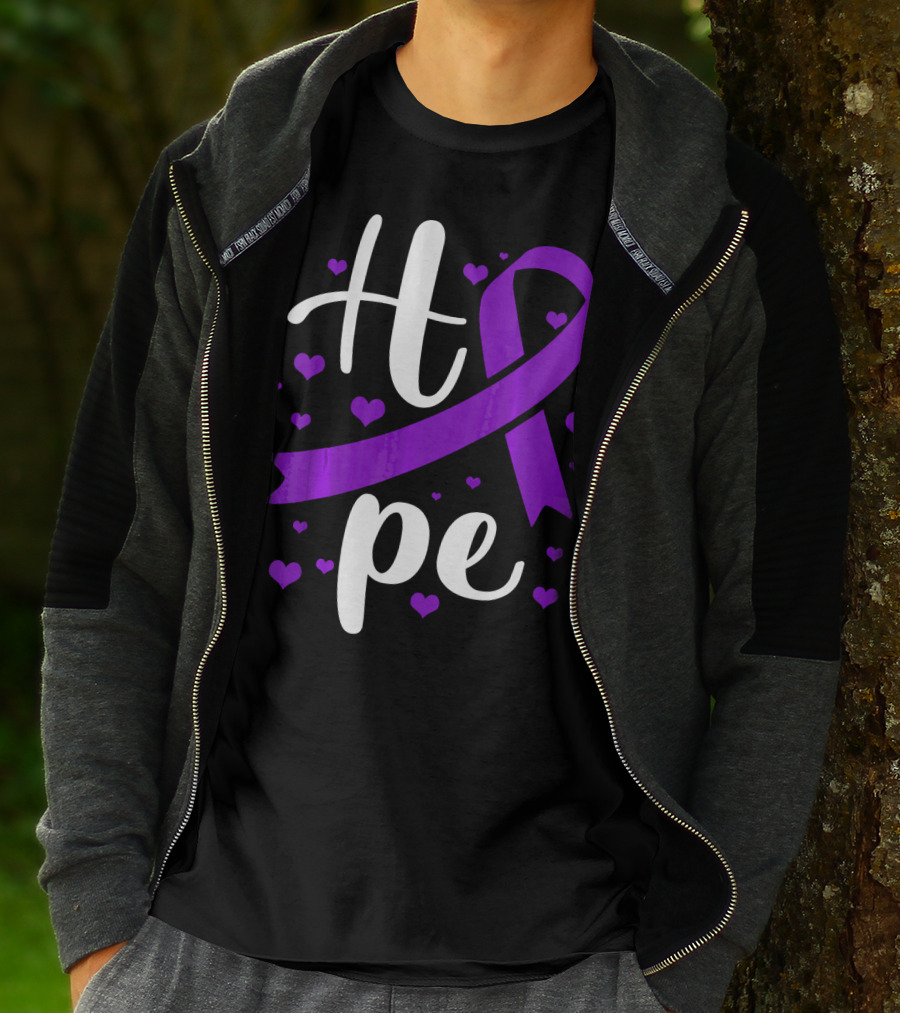 Hope Pancreatic Cancer Awareness Women Purple Ribbon Hearts T-Shirt