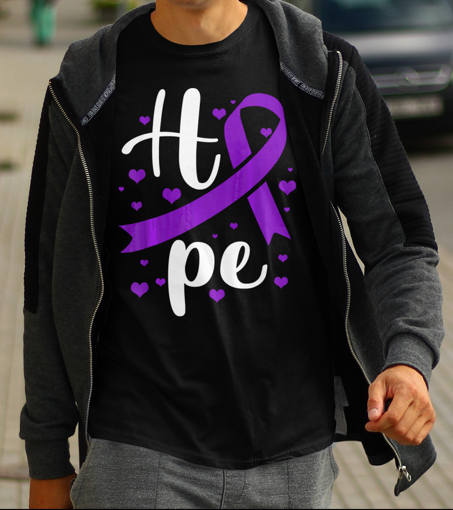 Hope Pancreatic Cancer Awareness Women Purple Ribbon Hearts T-Shirt