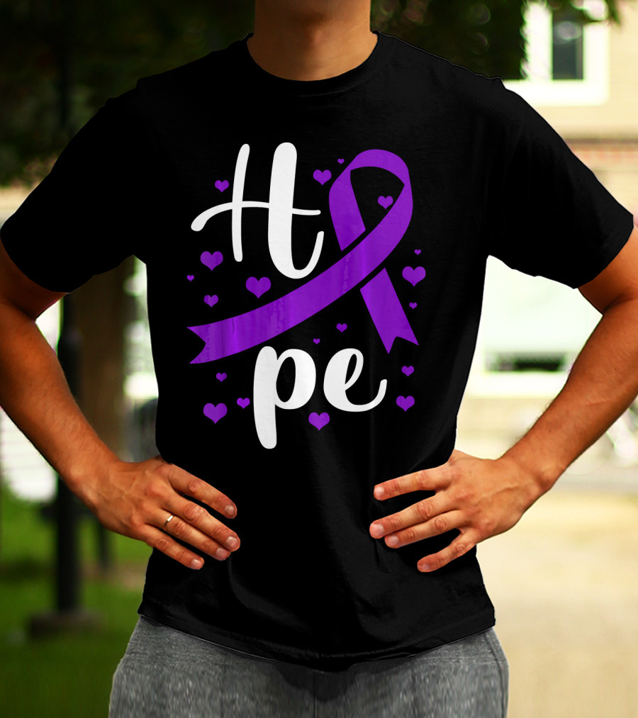 Hope Pancreatic Cancer Awareness Women Purple Ribbon Hearts T-Shirt