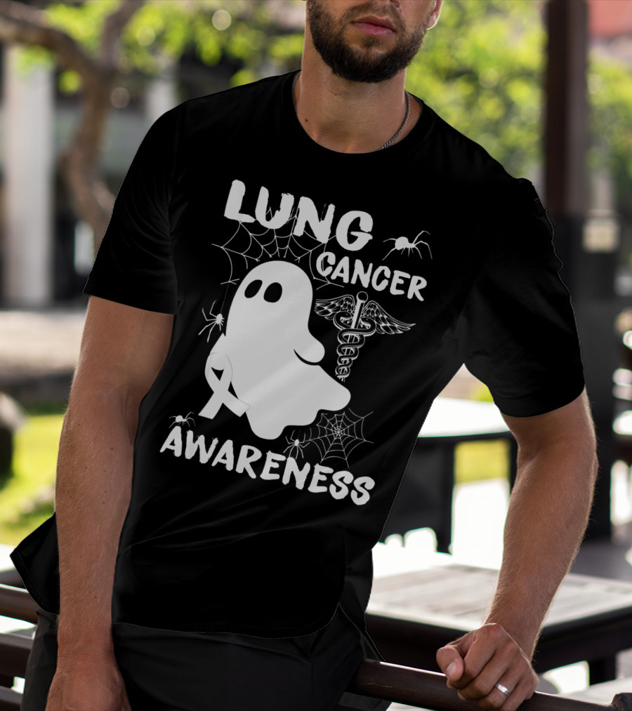 Lung Cancer Awareness Boo Ghost With Spider Webs And Spider T-Shirt