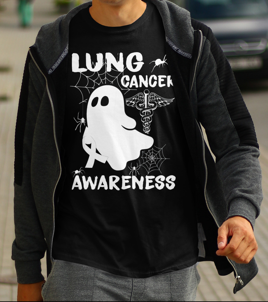 Lung Cancer Awareness Boo Ghost With Spider Webs And Spider T-Shirt