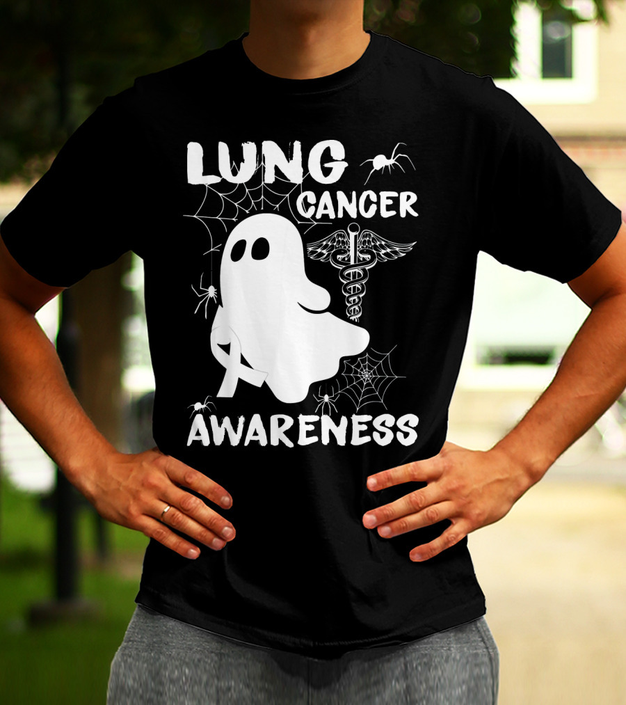 Lung Cancer Awareness Boo Ghost With Spider Webs And Spider T-Shirt