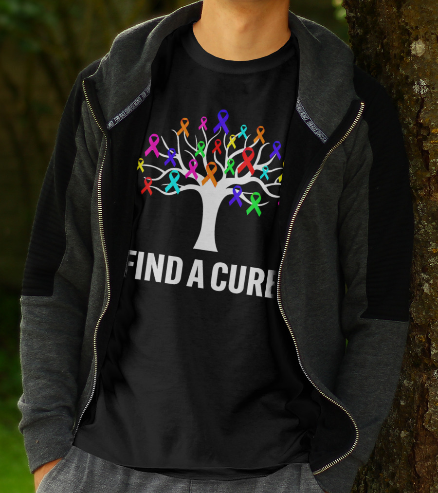 Find A Cure Rainbow Ribbons Cancer Awareness Tree T-Shirt