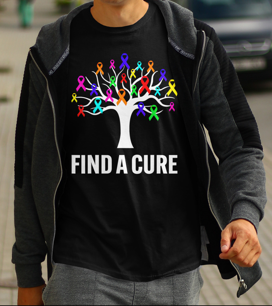 Find A Cure Rainbow Ribbons Cancer Awareness Tree T-Shirt
