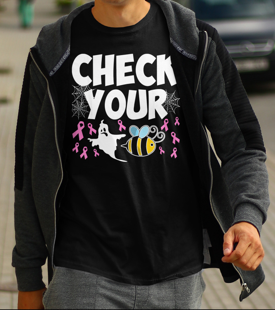 CHECK YOUR BOO BEES Breast Cancer Awareness Halloween Ghost And Bee With Ribbons T-Shirt