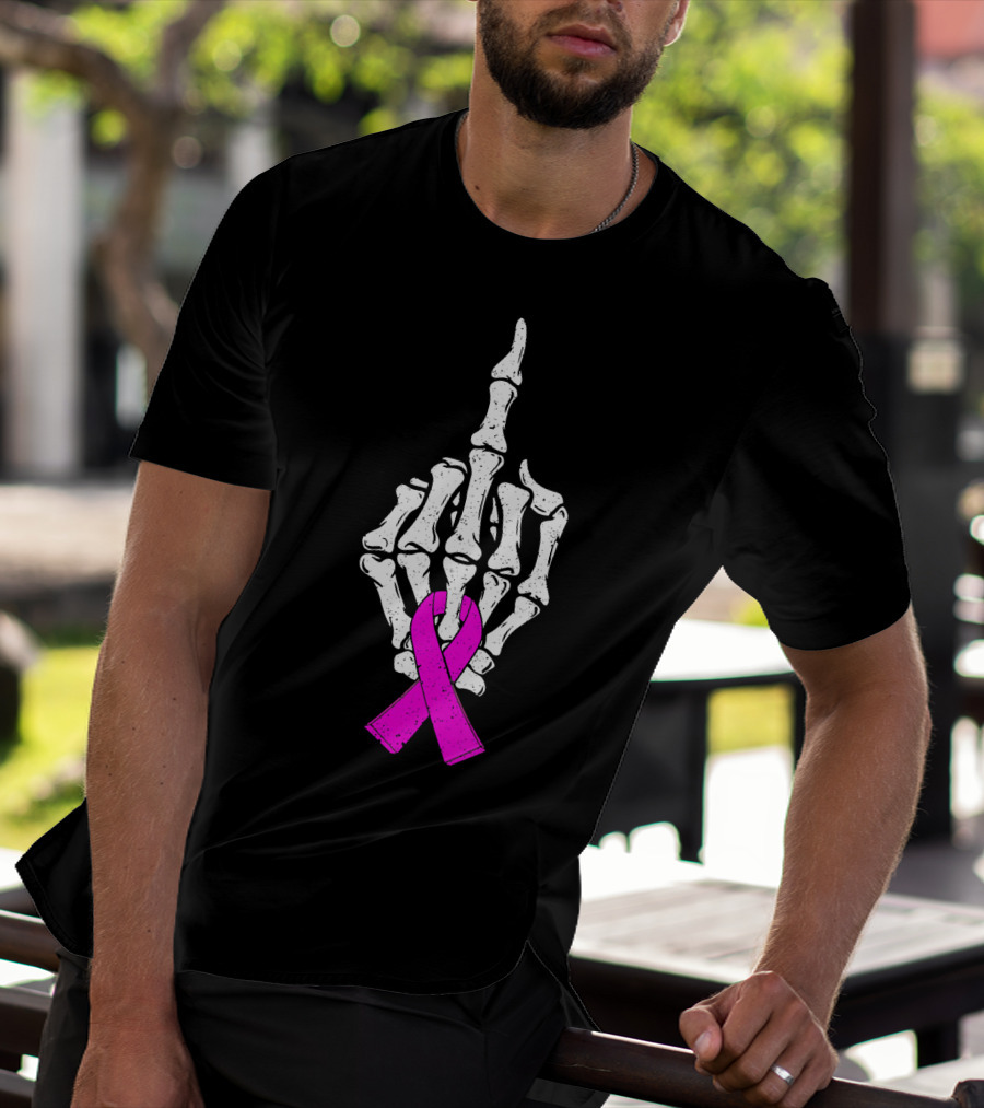 Breast Cancer Skeleton Middle Finger Pink Ribbon Awareness T-Shirt