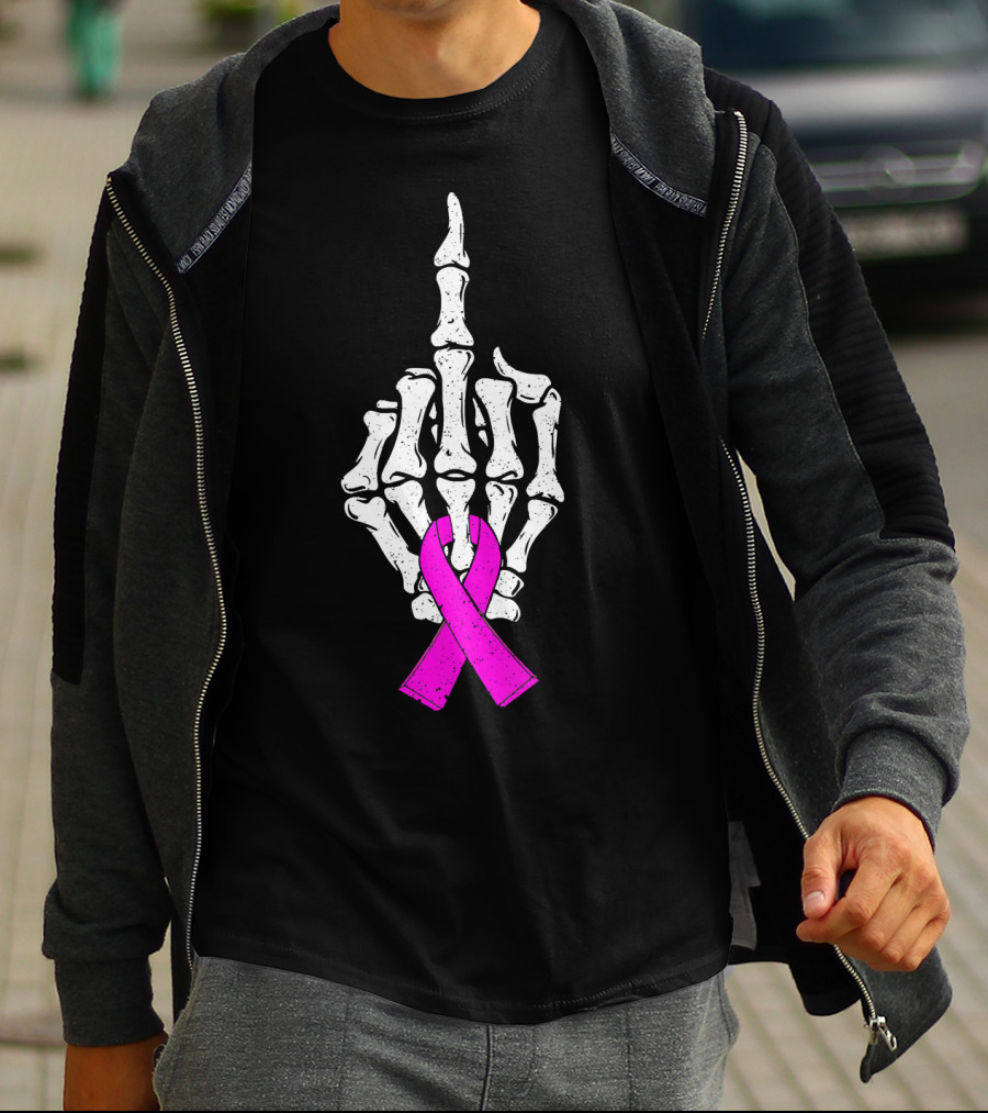 Breast Cancer Skeleton Middle Finger Pink Ribbon Awareness T-Shirt