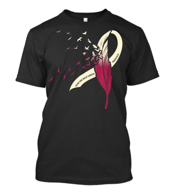 Head And Neck Cancer Awareness Feather Ribbon With Birds T-Shirt