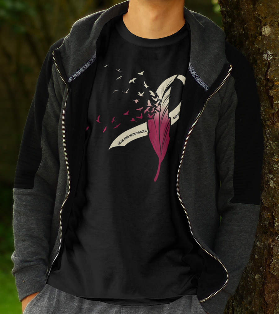 Head And Neck Cancer Awareness Feather Ribbon With Birds T-Shirt