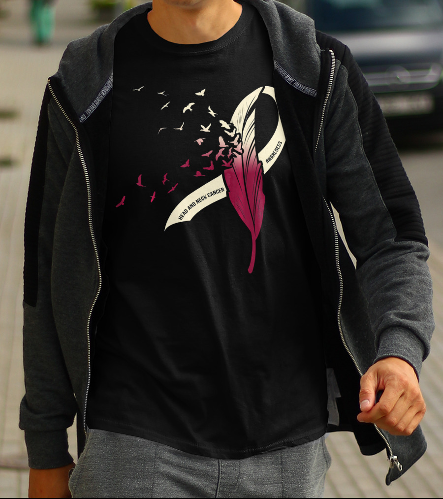 Head And Neck Cancer Awareness Feather Ribbon With Birds T-Shirt