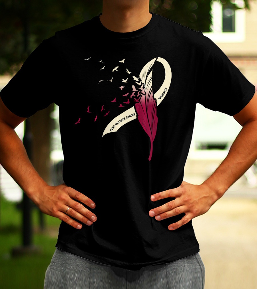 Head And Neck Cancer Awareness Feather Ribbon With Birds T-Shirt
