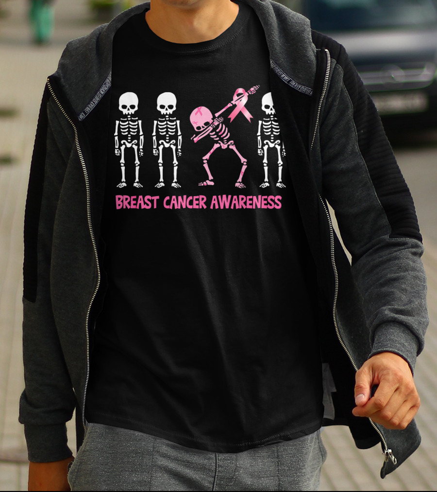 Dabbing Skeleton Pink Ribbon Breast Cancer Awareness T-Shirt