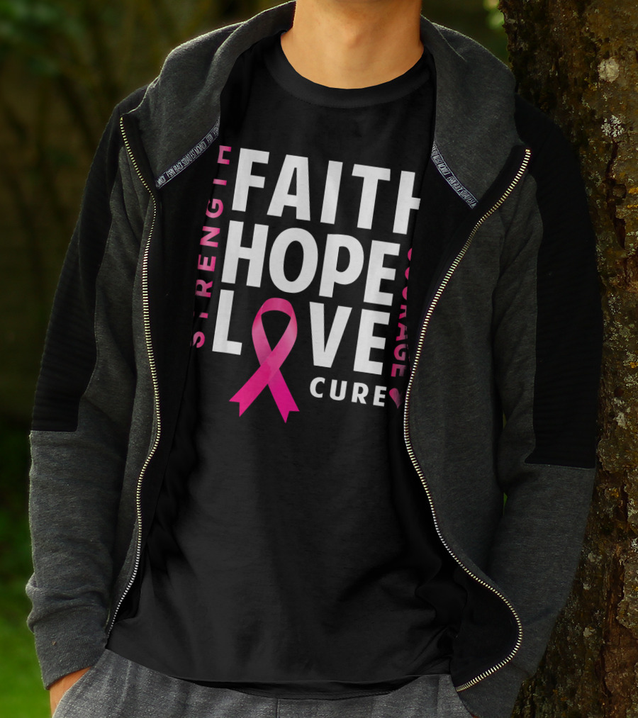 Faith Hope Love Pink Ribbon Strength Courage Cure Breast Cancer Awareness T-Shirt