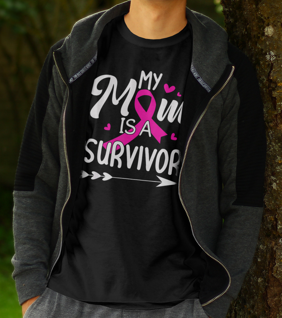 My Mom Is A Survivor Breast Cancer Awareness Pink Ribbon Hearts Arrow T-Shirt