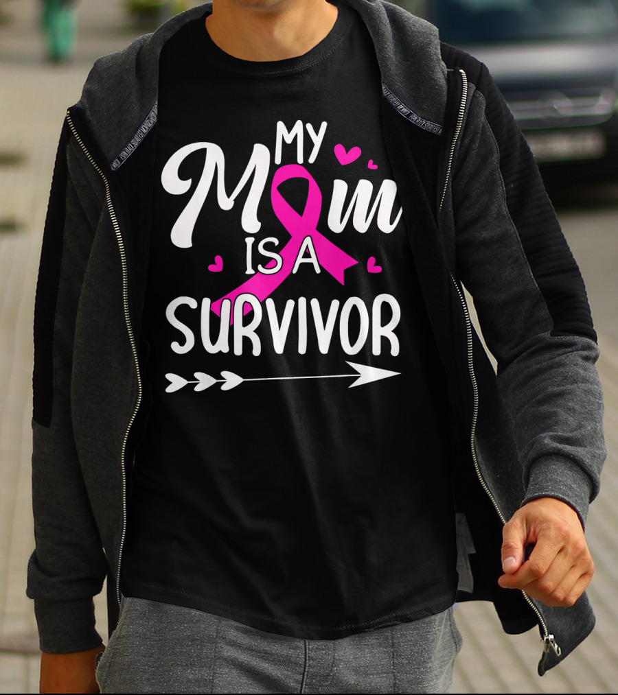 My Mom Is A Survivor Breast Cancer Awareness Pink Ribbon Hearts Arrow T-Shirt