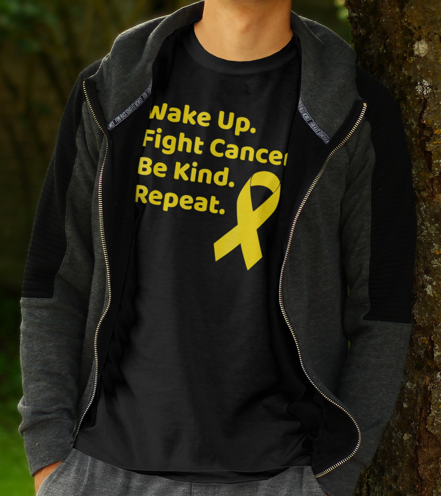 Wake Up Fight Cancer Be Kind Repeat Yellow Ribbon Childhood Cancer Awareness Month T-Shirt