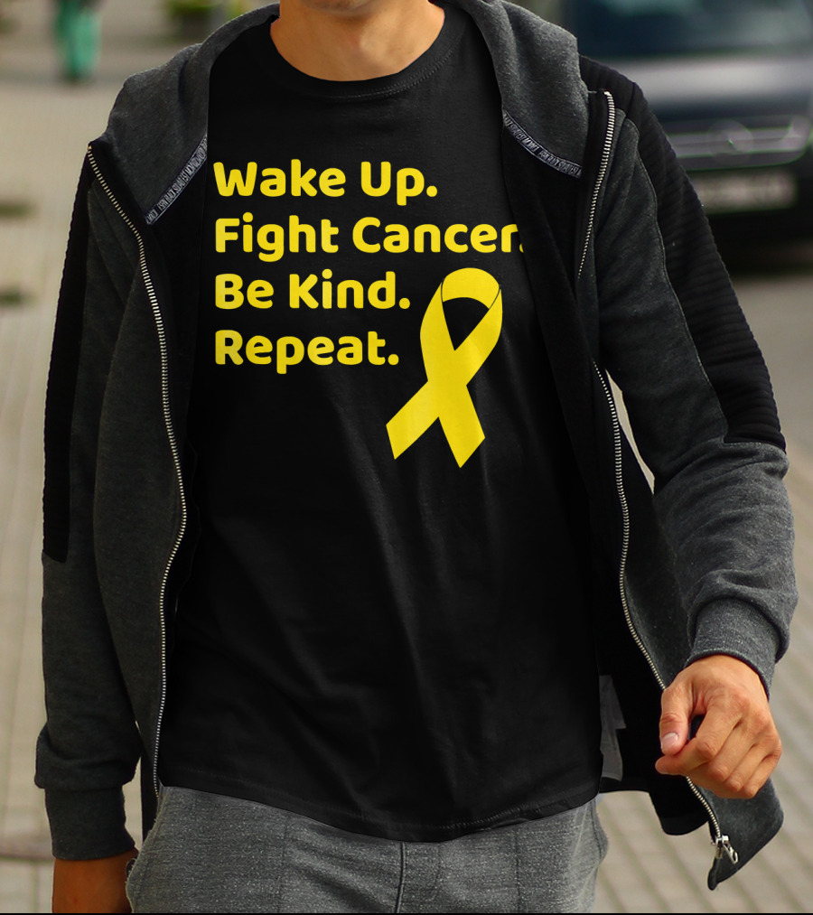 Wake Up Fight Cancer Be Kind Repeat Yellow Ribbon Childhood Cancer Awareness Month T-Shirt