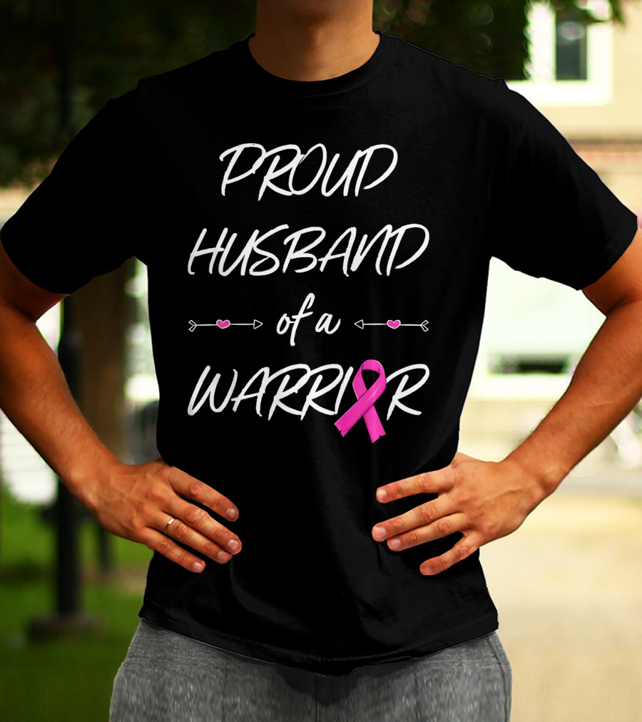 Proud Husband Of A Warrior Breast Cancer Pink Ribbon Hearts T-Shirt