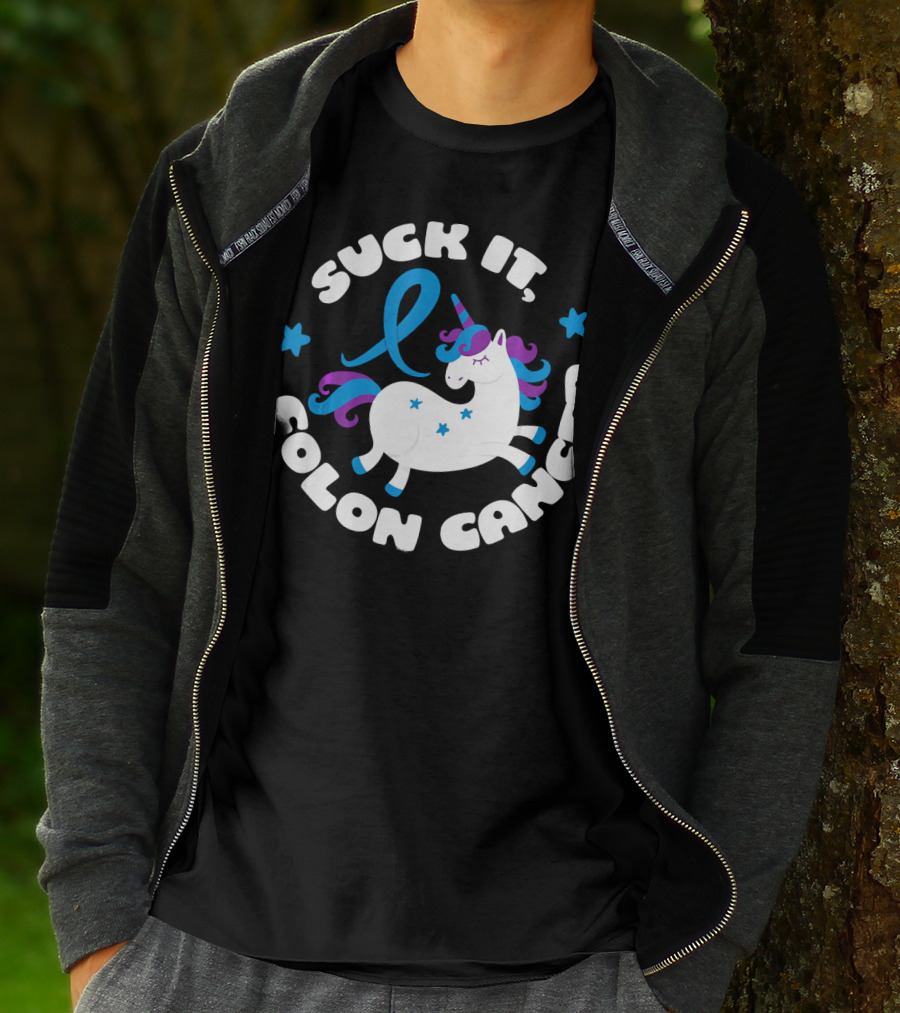 Colon Cancer Awareness Unicorn Suck It Fun T-Shirt