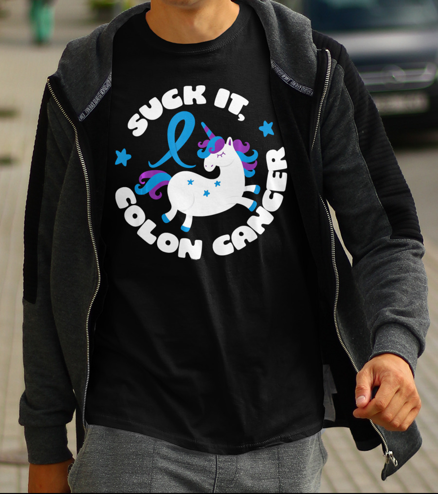 Colon Cancer Awareness Unicorn Suck It Fun T-Shirt