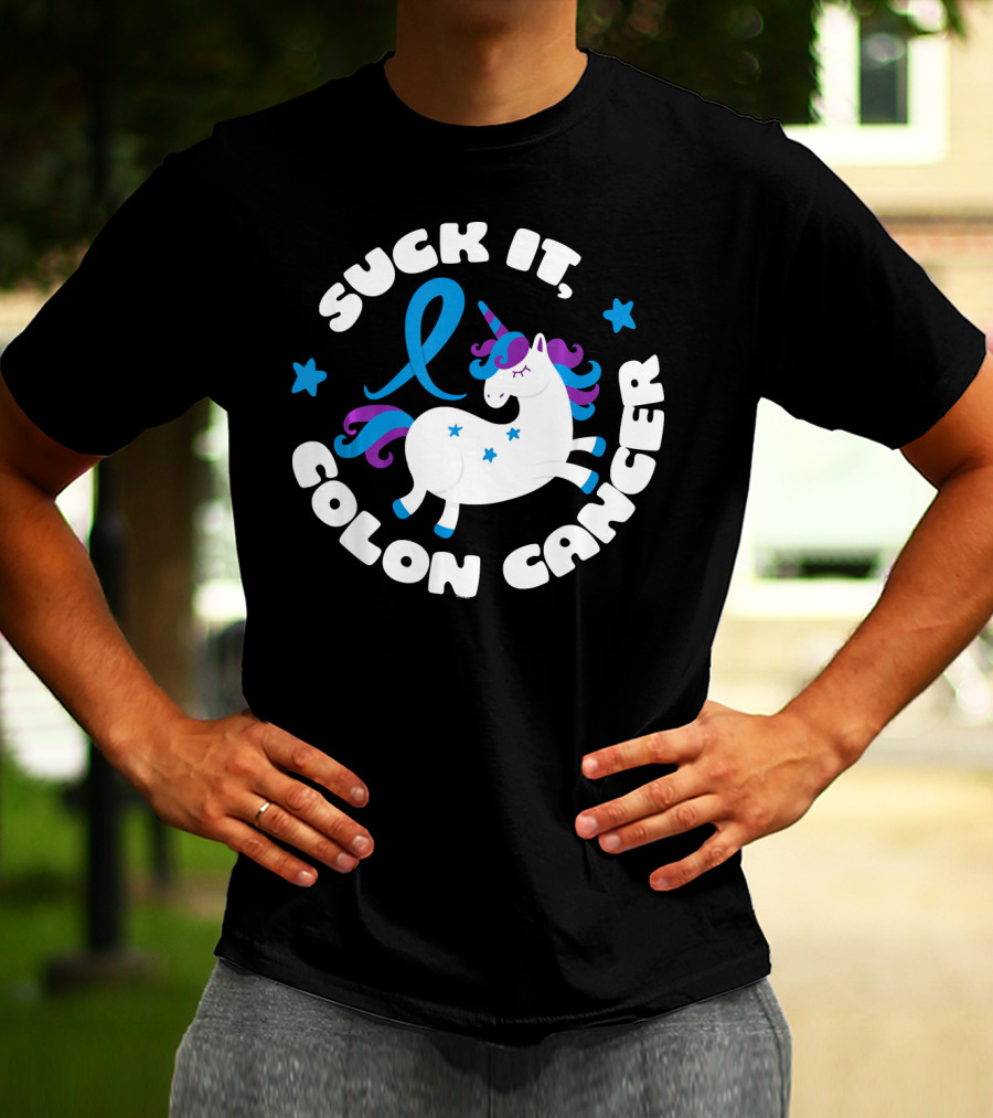 Colon Cancer Awareness Unicorn Suck It Fun T-Shirt