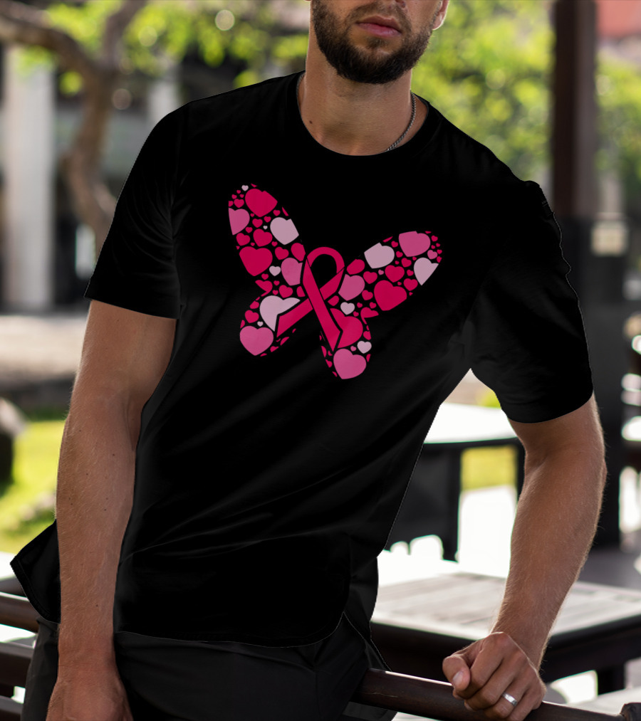 Pink Ribbon Hearts Butterfly Breast Cancer Awareness T-Shirt