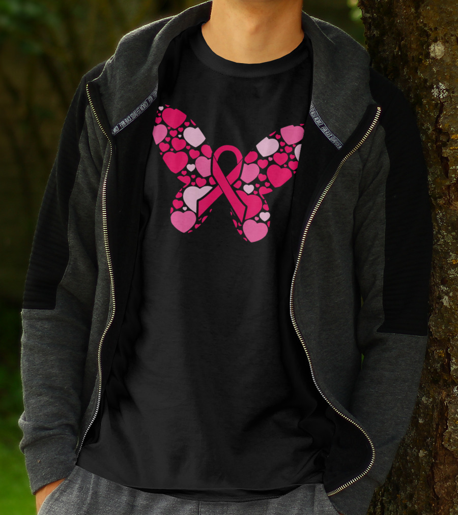 Pink Ribbon Hearts Butterfly Breast Cancer Awareness T-Shirt